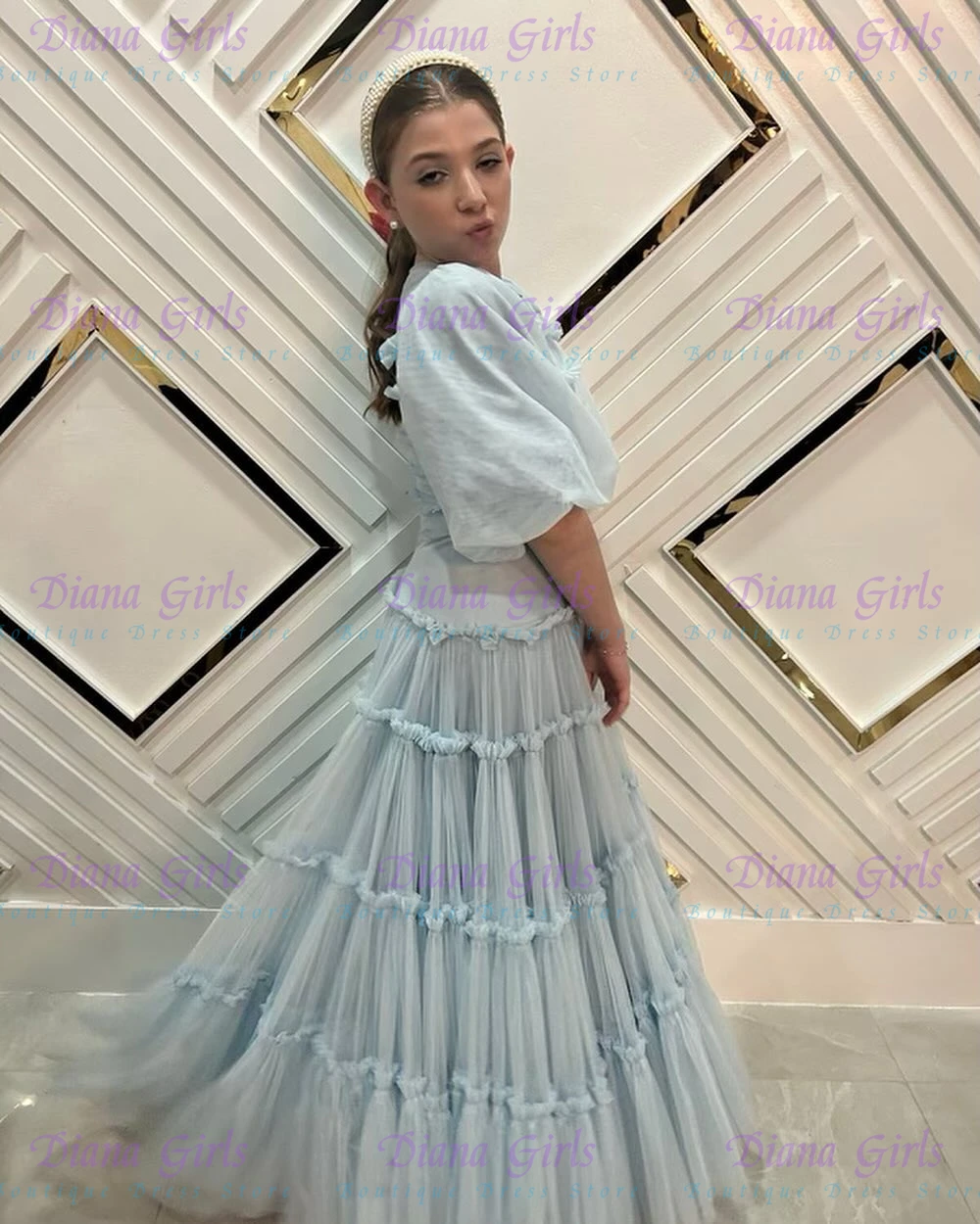 Toddler Girl Tulle Party Dress - Zarif Kaliteli Açık Mavi Çiçek Kız