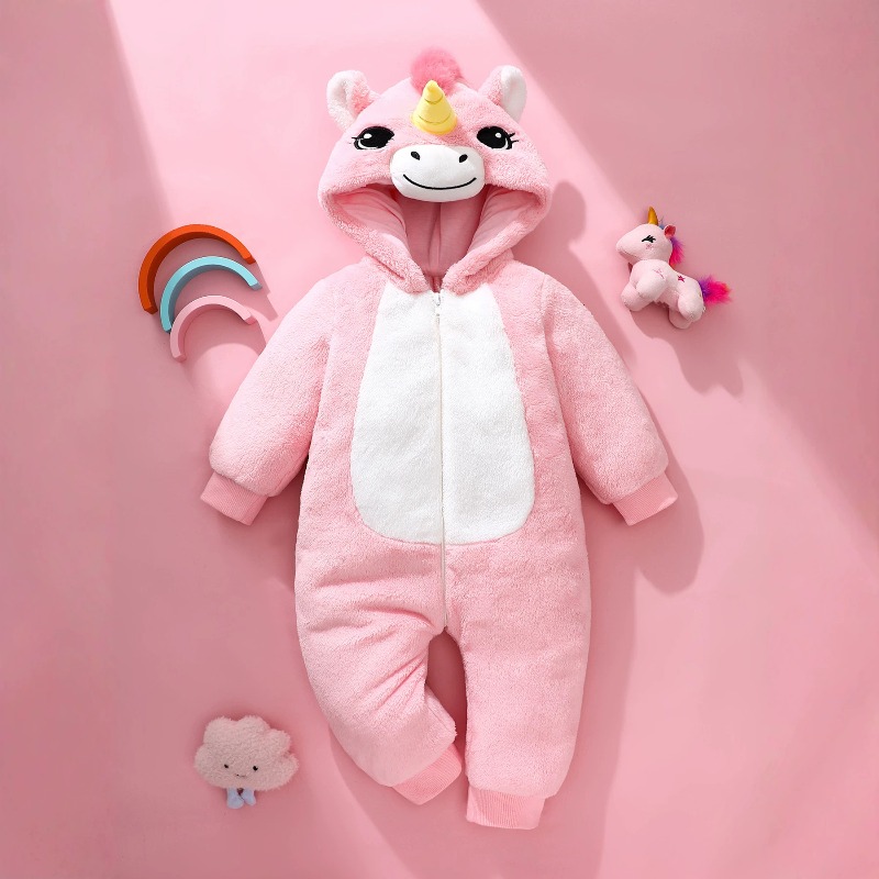 Cotton Baby Onesies Zipper - Yenidoğan Bebek Pembe Unicorn Tulum Fermuarlı