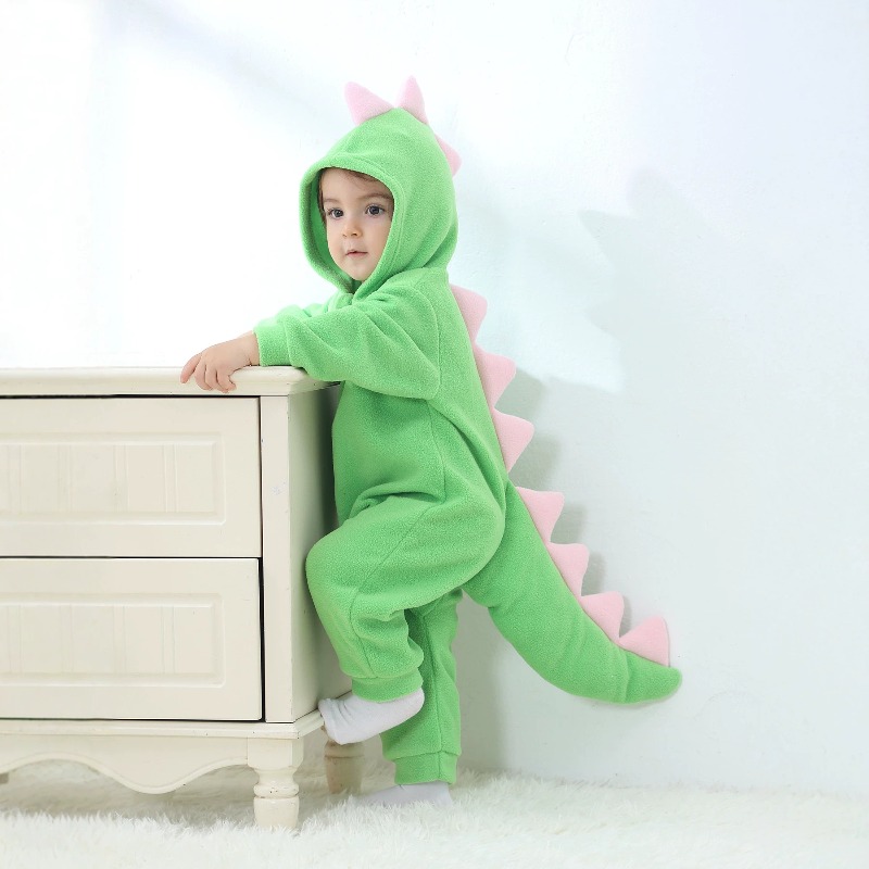 Cotton Baby Onesies Zipper - Yenidoğan Bebek Yeşil Dinozor Tulum Kapüşonlu
