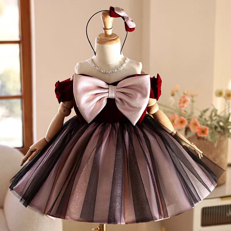Toddler Girl Tulle Party Dress - Jill Wish J464 Zarif Bordo Kız