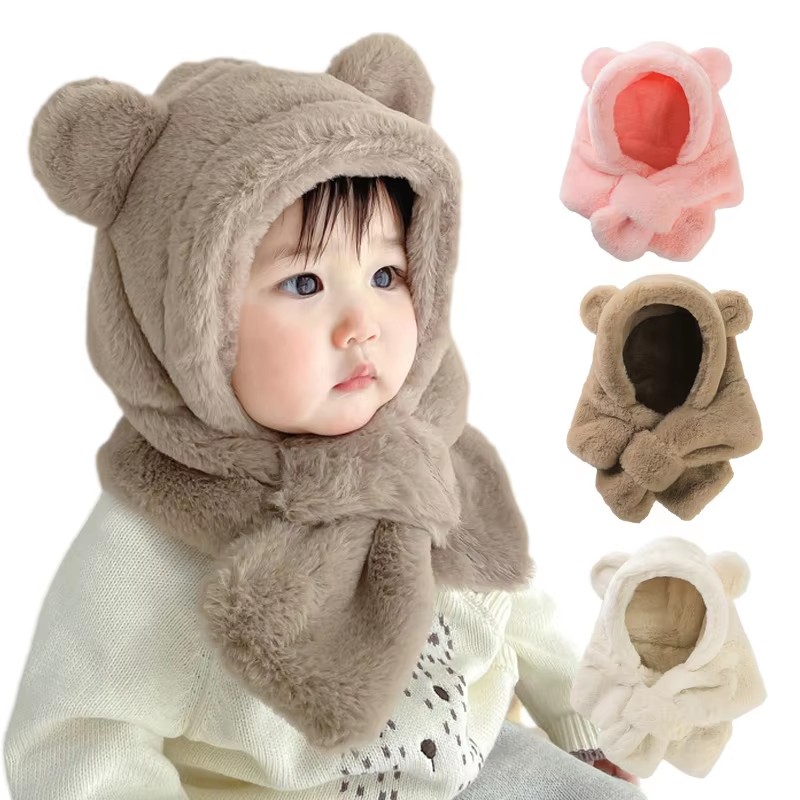 Infant Beanie Hat With Ears - Kışlık Bebek Şapka Atkı Tek Parça