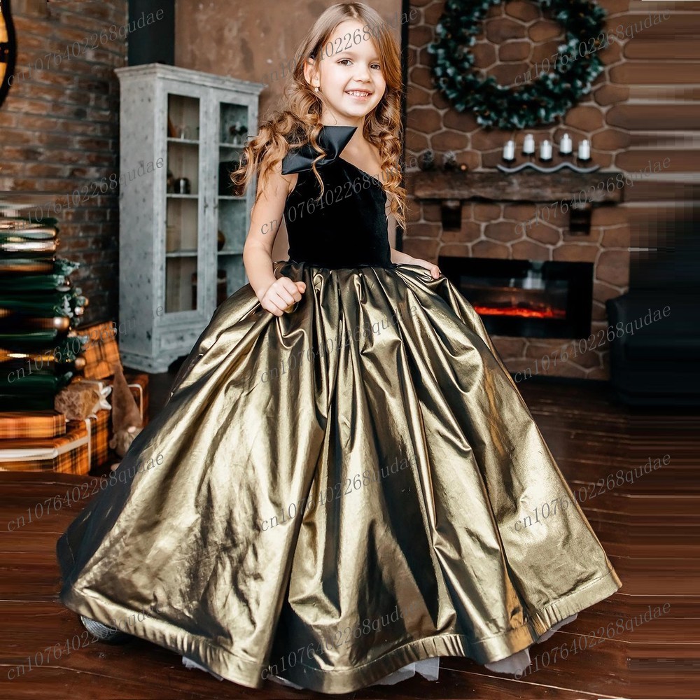 Toddler Girl Tulle Party Dress - Yeni Siyah ve Altın Rengi Saten