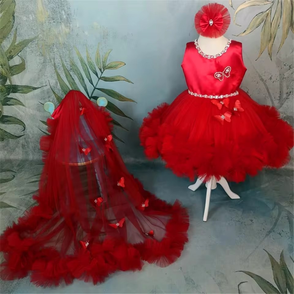 Özelleştirilmiş Kırmızı Çiçek  - Toddler Girl Tulle Party Dress incelemesi ve fiyatı